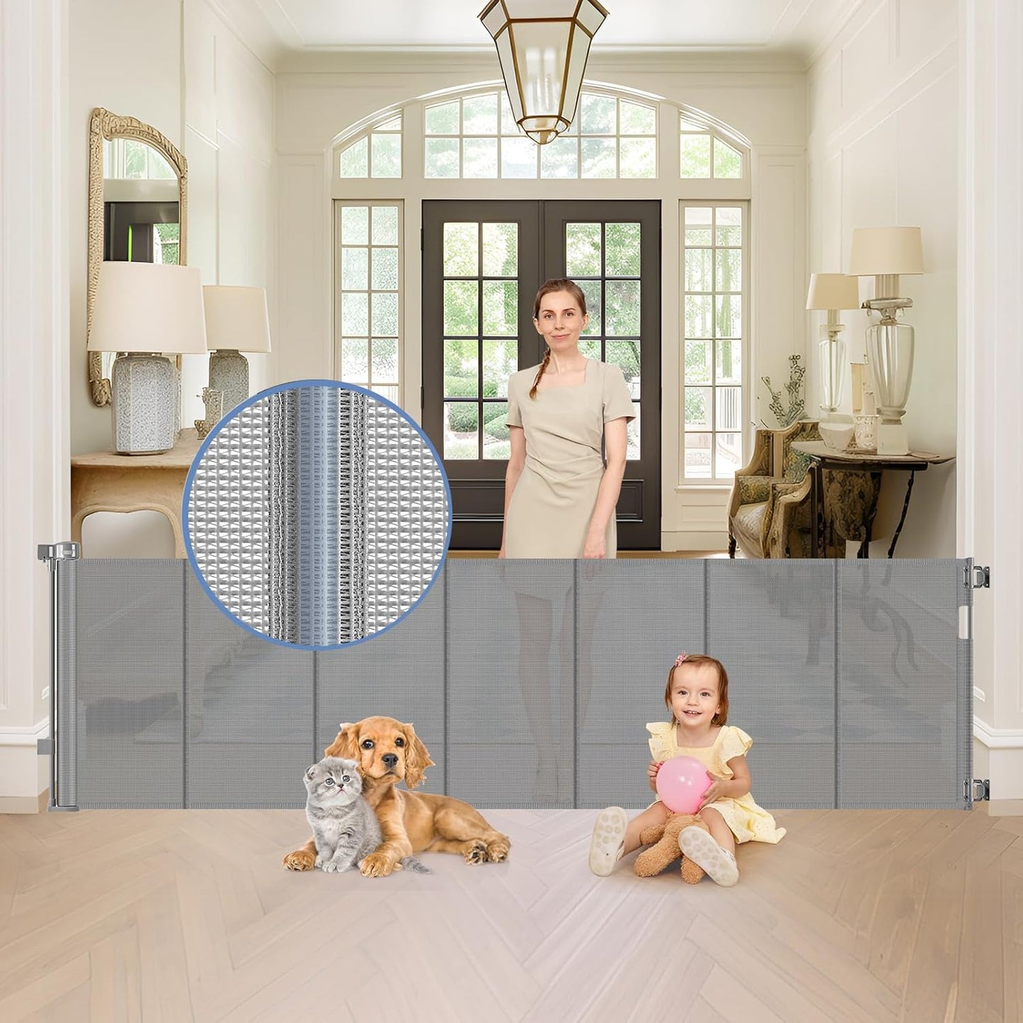Reinforced Retractable Baby Gates with Support Beam 60" Wide Retractable Dog Gate Indoor Prevent Children and Dogs from Crawling Under Outdoor Dog Gate for Deck Mesh Gates for Kids or Pets, Black
