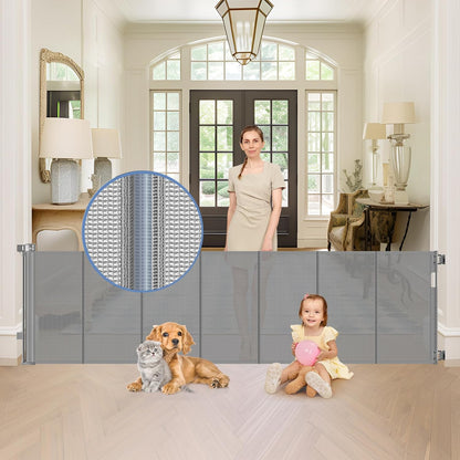 Reinforced Retractable Baby Gates with Support Beam 60" Wide Retractable Dog Gate Indoor Prevent Children and Dogs from Crawling Under Outdoor Dog Gate for Deck Mesh Gates for Kids or Pets, Black