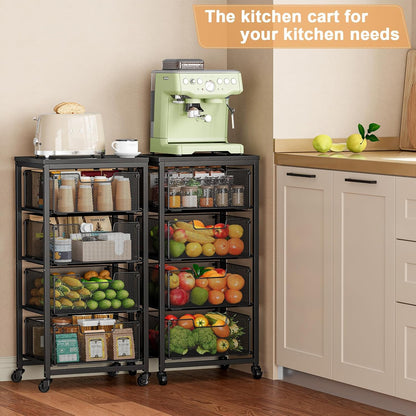 4 Tier Kitchen Rolling Cart, Kitchen Storage Cart with Wheels, Adjust Pantry Organizer and Storage Cart with Drawer, Fruit Vegetable Spice Storage Cart, Wooden Top Metal Kitchen Organizer Rack Stand