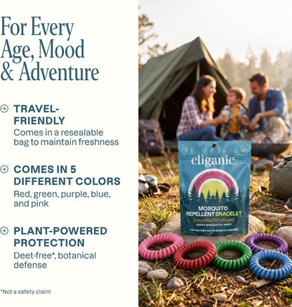 Cliganic 10 Pack Mosquito Repellent Bracelets for Adults & Kids - Natural DEET-Free Bands, Individually Wrapped
