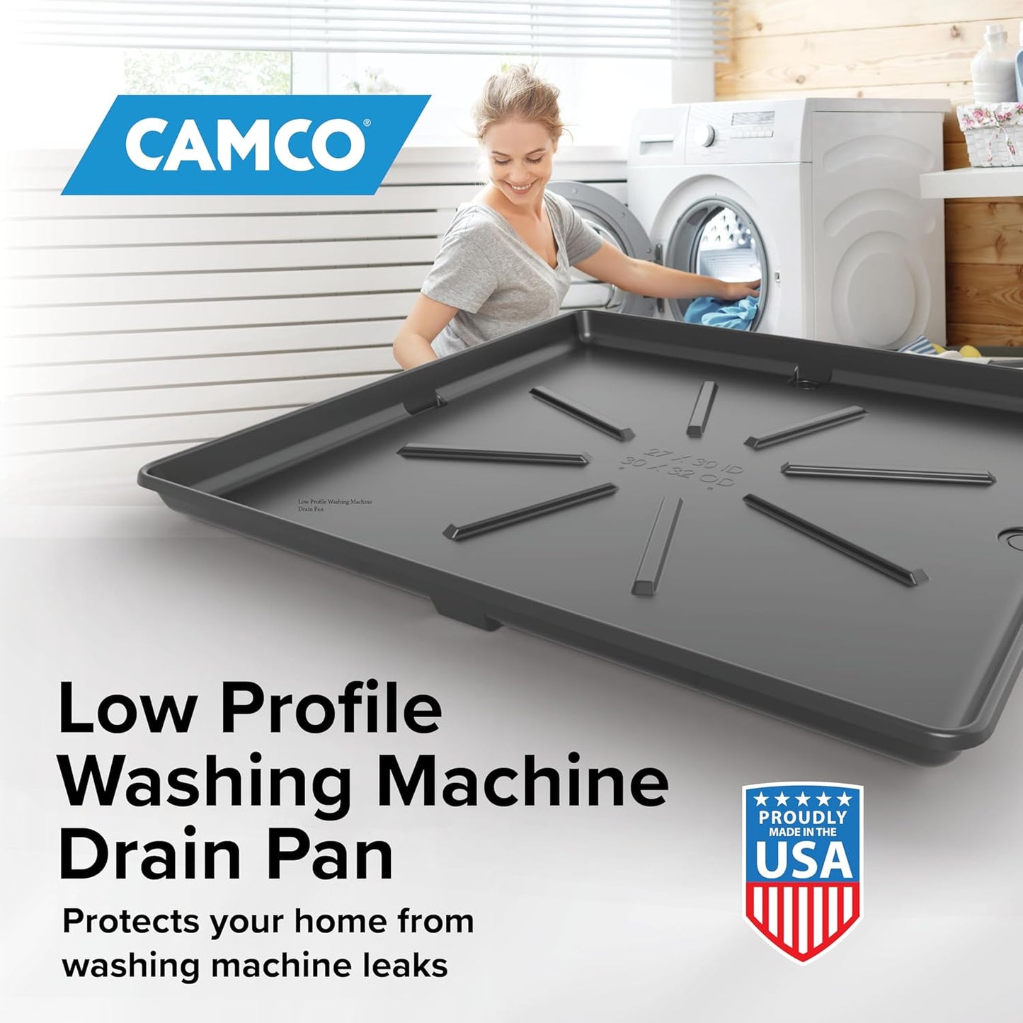Camco Washing Machine Drain Pan - Features a Durable Plastic Construction, 1-inch/1.5-inch PVC Drain Fitting, and Measures 30-inches (L) x 32-inches (W) x 2 ½-inches (H) (OD) (20750)