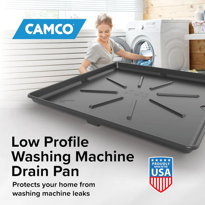 Camco Washing Machine Drain Pan - Features a Durable Plastic Construction, 1-inch/1.5-inch PVC Drain Fitting, and Measures 30-inches (L) x 32-inches (W) x 2 ½-inches (H) (OD) (20750)