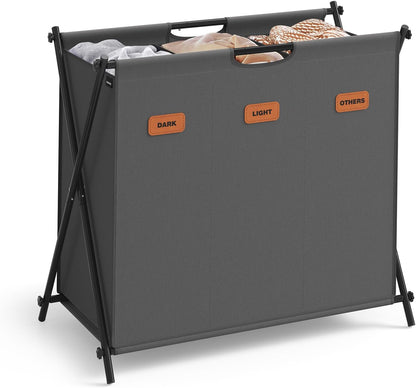 SONGMICS Laundry Hamper, Laundry Basket, 35.7 Gal. Laundry Sorter 3 Sections, Collapsible X-Frame, Clothes Organizer with Customizable Labels, Laundry Room, Bedroom, Bathroom, Slate Gray ULCB130G01