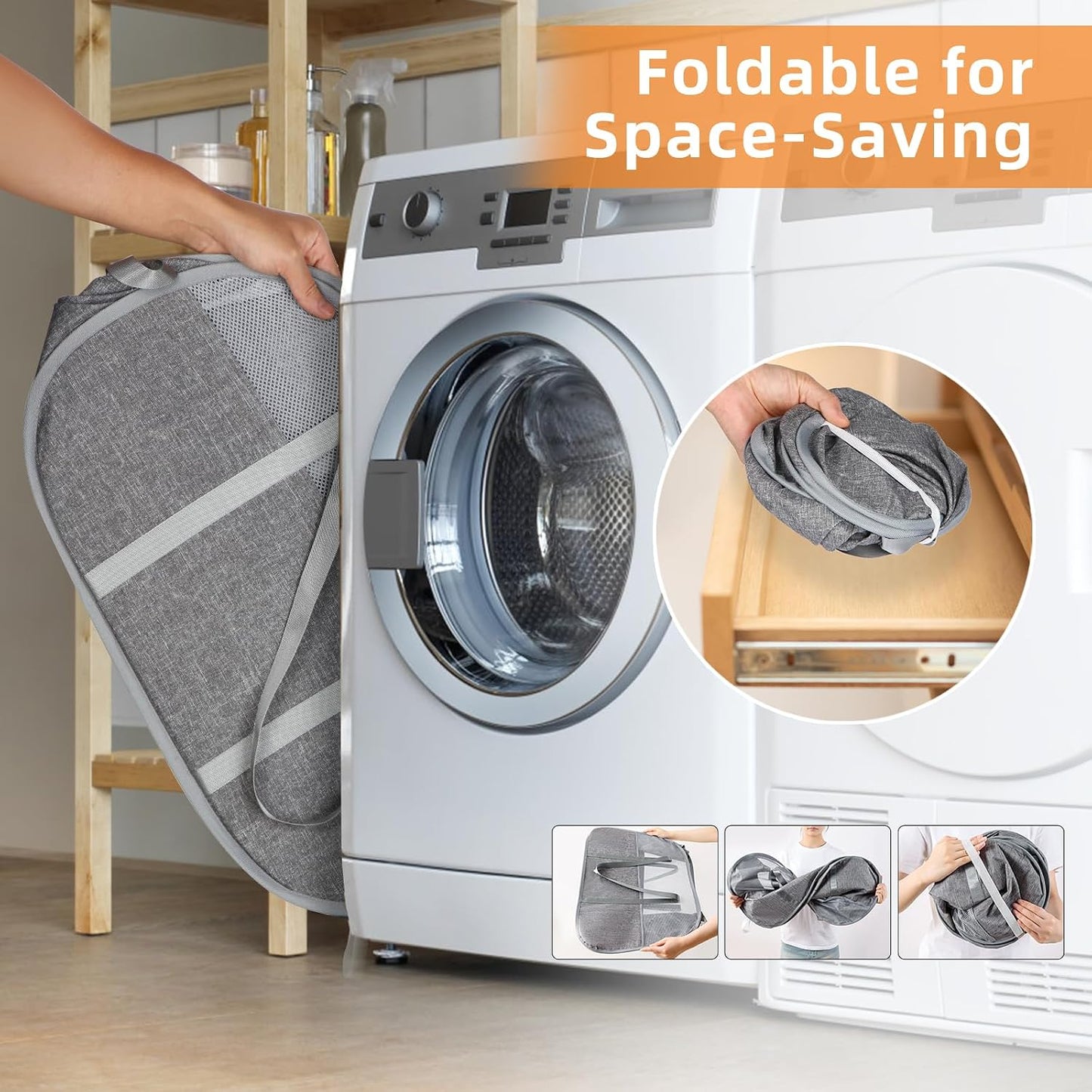 Collapsible Laundry Baskets with 3 Compartment, 150L Tear-proof Pop Up Hamper, Foldable Laundry Basket with Tote Handles, Dirty Clothes Hamper for Laundry, Bedroom, Bathroom, Dorm Grey