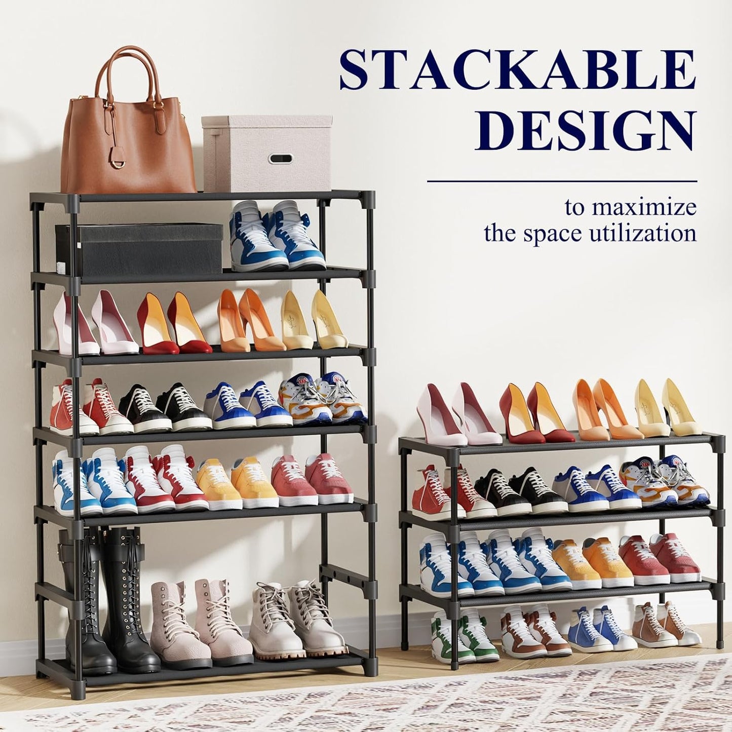 Kitsure Shoe Rack - Non-Woven Shoe Rack Shelf, Shoe Organizer for Closet, Entryway, Garage & Corridor, Stackable Shoe Shelves, 27.5" Wide - 3 Tier, Black