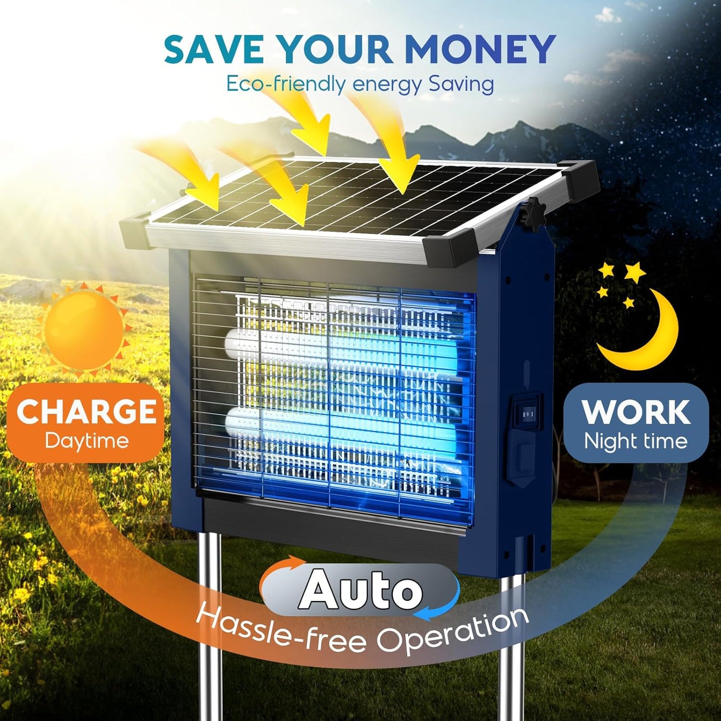 Solar Bug Zapper Outdoor, PhatroyYee Mosquito Zapper 4500V, Waterproof Portable Fly Zapper, Rechargeable Electric Mosquito Killer, Cordless Fly Insect Mosquitos Trap for Patio Yard Home Garden Camping