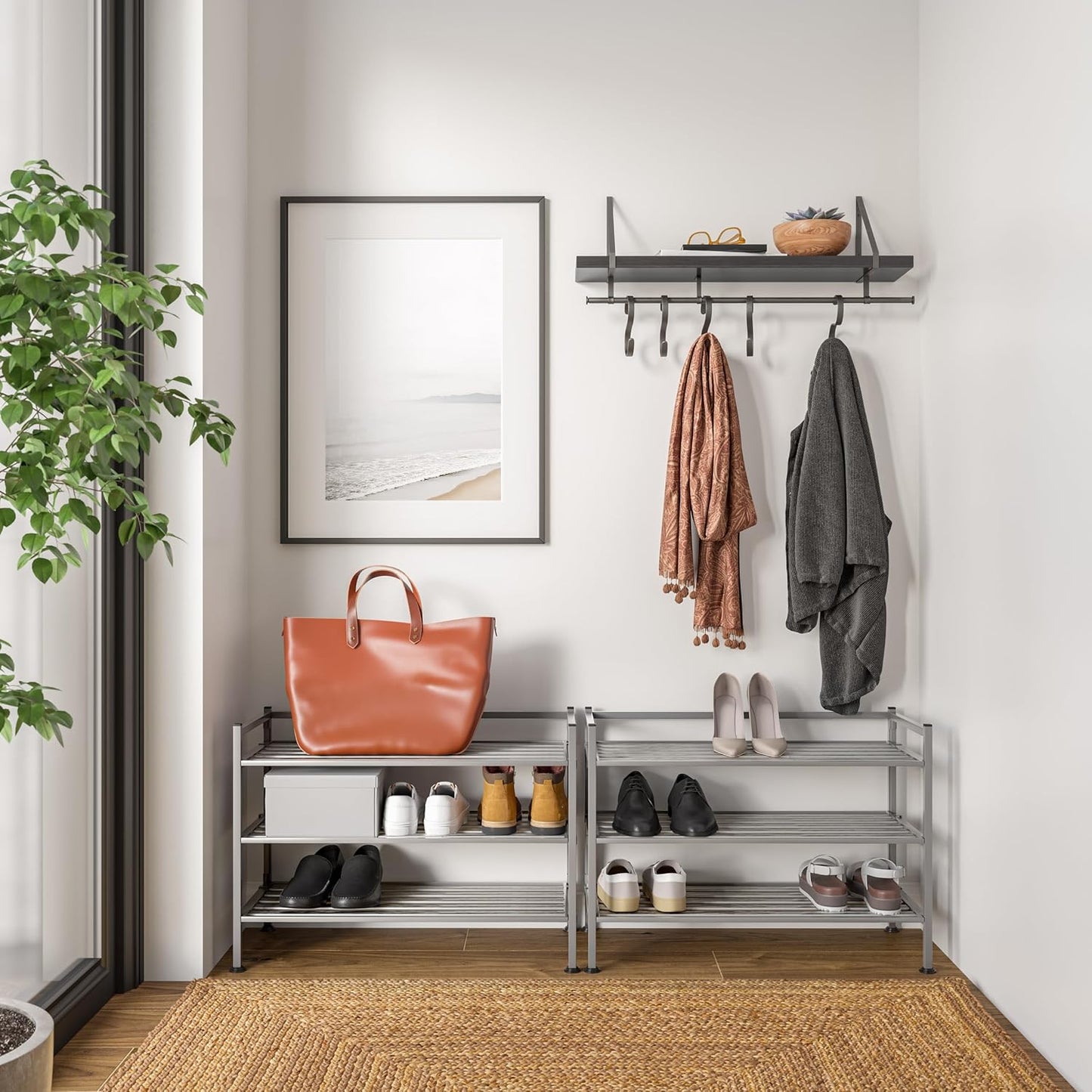 Seville Classics Sturdy Freestanding Storage Shelf for Bedroom, Closet, Entryway, Dorm Room Organizer Stackable Durable Metal Shoe Rack Ash Gray Slat, 3-Tier