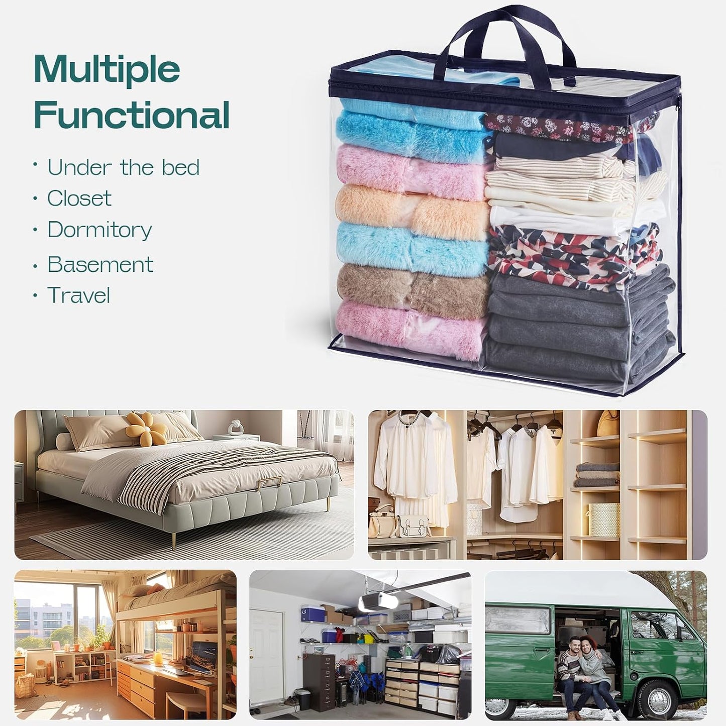 5PACK Clear Zippered Storage Bag for Clothes, 22L Clear Storage Bags, and Blanket Storage Bags for Bedding, Blankets, Comforters, Clothing, Books, DVD & CD (White)