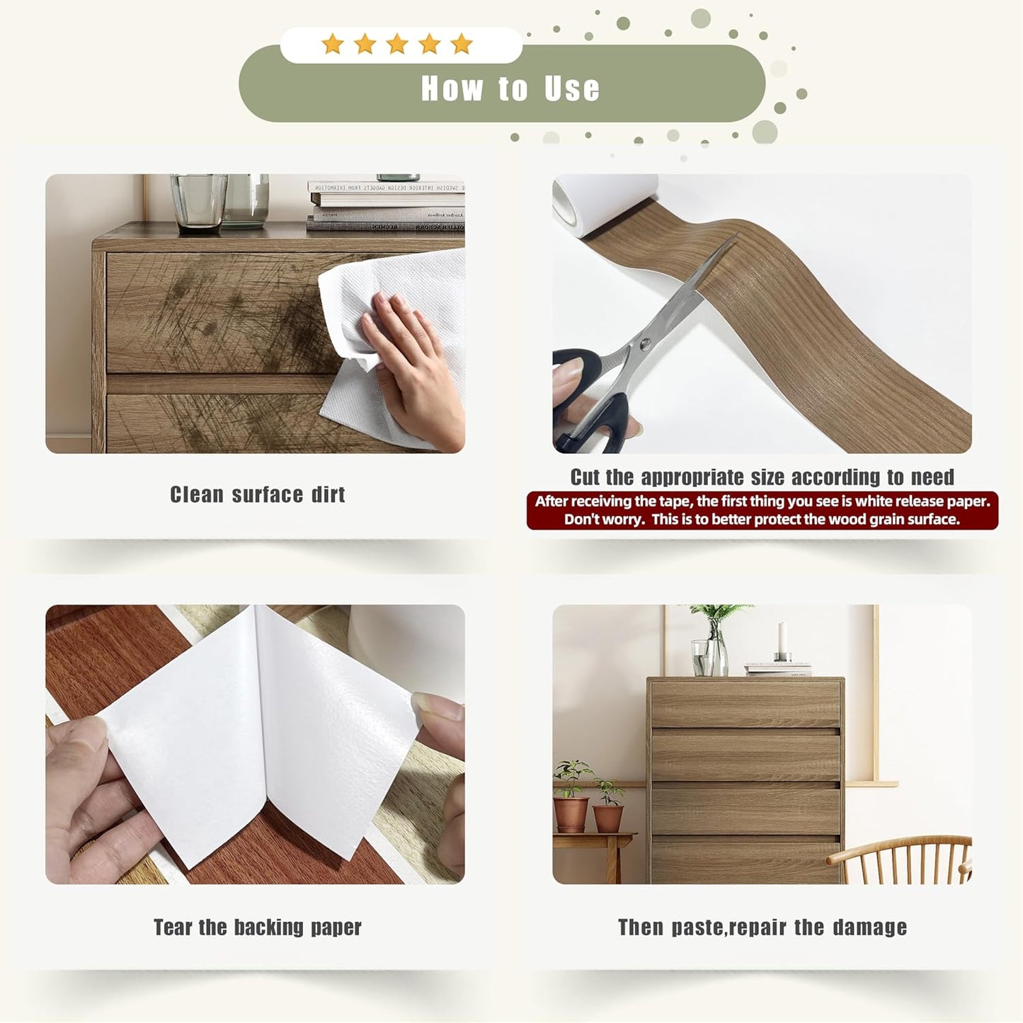 Besezx Wood Grain Repair Tape, 2.4" X15', Self Adhesive Wood Grain Repair Patch for Tables, Chairs, Baseboards, Doors, Windows, Floors, All Kinds of Furniture Renovation, Handicraft DIY. (Natural oak)