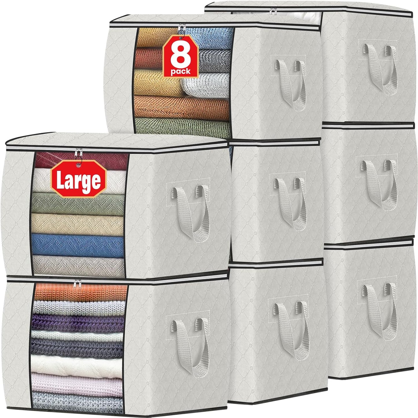 Fab totes 6 Pack Storage Bags for Clothes and Blanket, Foldable Closet Organizers and Storage with Zippers, Clear Window and Handles, Fabric Storage Bins for Sweater, Comforter, Bedding,Linen Sheets