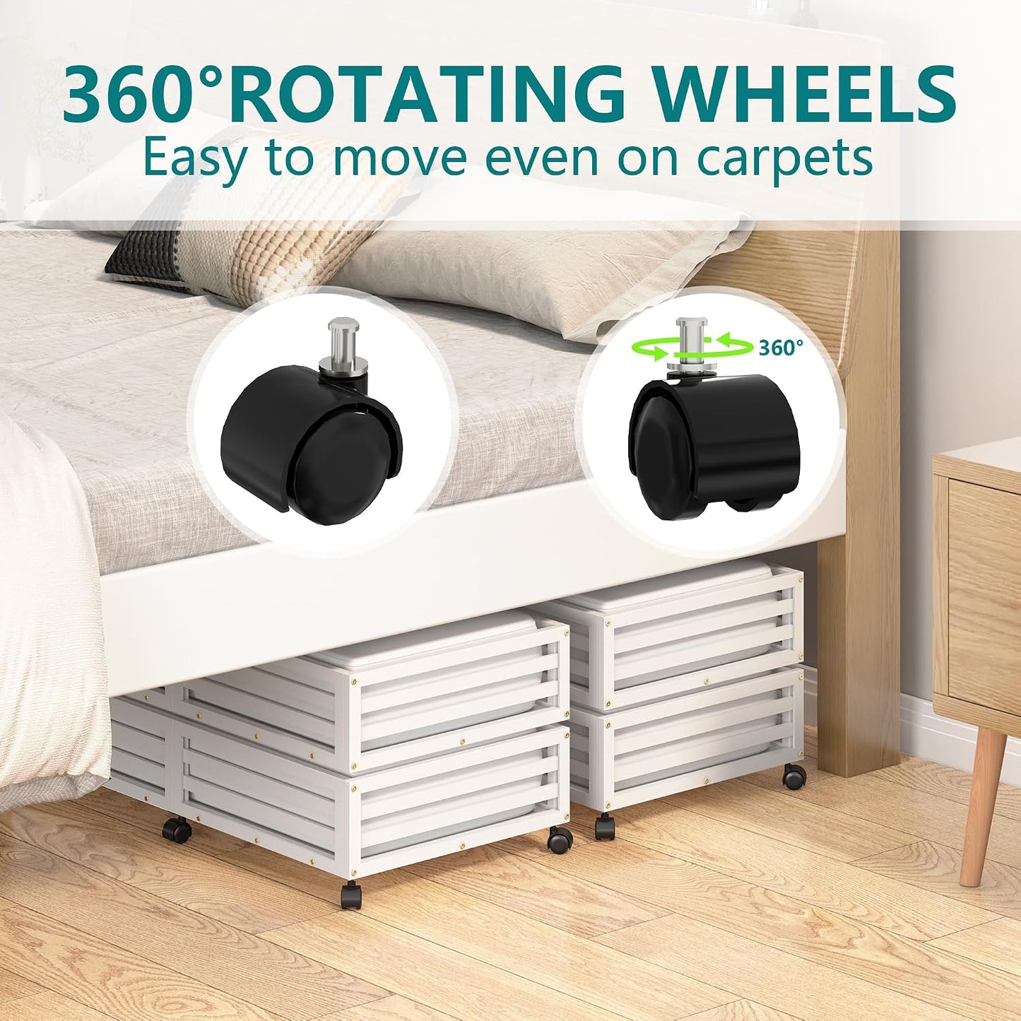 Bamboo Under Bed Storage Containers- Underbed Organizer with Wheels with Large Capacity Dust Bag,Sturdy Wood Rolling Under Bed Shoe Storage Organizer 2 Packs (Nature, 2 Packs (23.62"×16.54"))