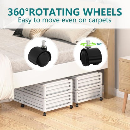 Wisuce 2 Packs Bamboo Under Bed Storage Organizer with Wheels White Small | 360° Lockable Wheels,120lbs Load Capacity, Multi-scene ,Dustproof Clear Storage Bag, Large Capacity,Easy Quick Assembly