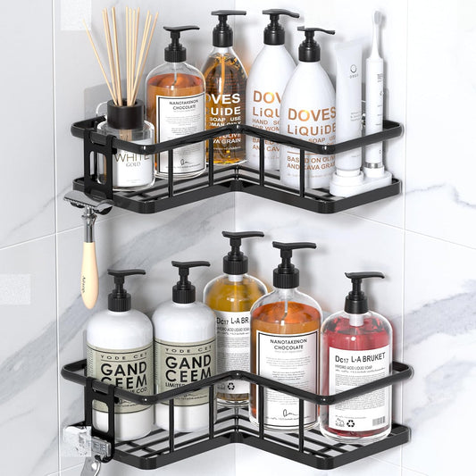 YASONIC Corner Shower Caddy, 5-Pack Adhesive Rustproof Stainless Steel Shower Organizer with Soap Holder, No Drilling Shower Shelf for Inside Shower, Dorm, Renters, Black
