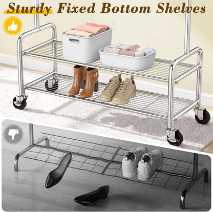 Upgraded 100% Stainless Steel Clothing Rack Load 760LBS, Heavy Duty Clothes Racks with Larger & Sturdy Wheel, Extendable & Adjustable Rolling Garment with Shelves for Hanging Portable Closet Rack
