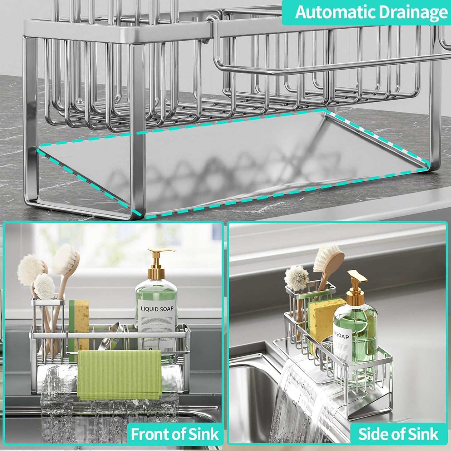 HapiRm Sponge Holder for Kitchen Sink - Self-draining Sink Caddy with Brush and Dishcloth Holders, Stainless Steel Kitchen Countertop Organizers and Storage Essentials - Black