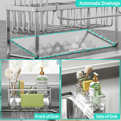 HapiRm Sponge Holder for Kitchen Sink - Self-draining Sink Caddy with Brush and Dishcloth Holders, Stainless Steel Kitchen Countertop Organizers and Storage Essentials - Black