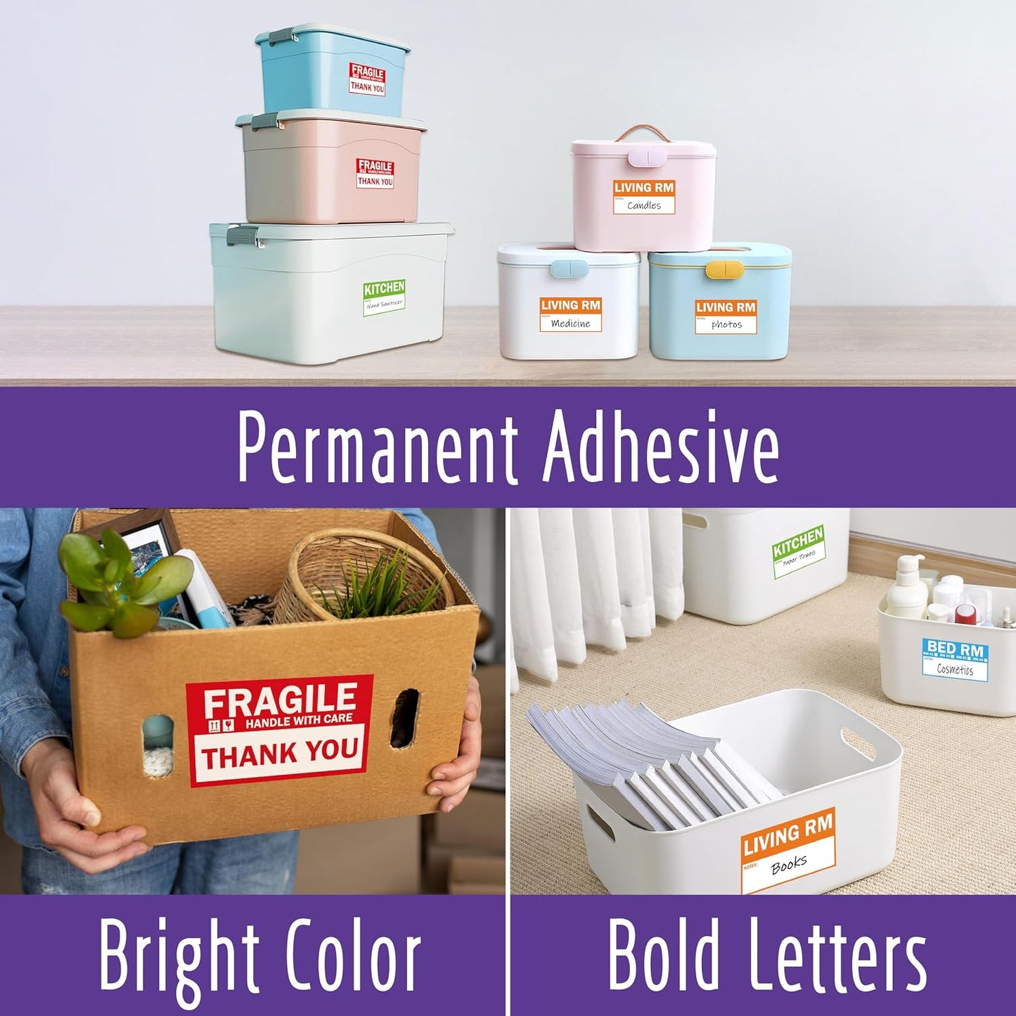 160 PCS Moving Labels, 8 Color-Coded Self-Adhesive Rectangular Stickers for Boxes, Large Home Moving Blank Packing Labels for Cartons, Storage Bins, Office Uses (6” x 4”)