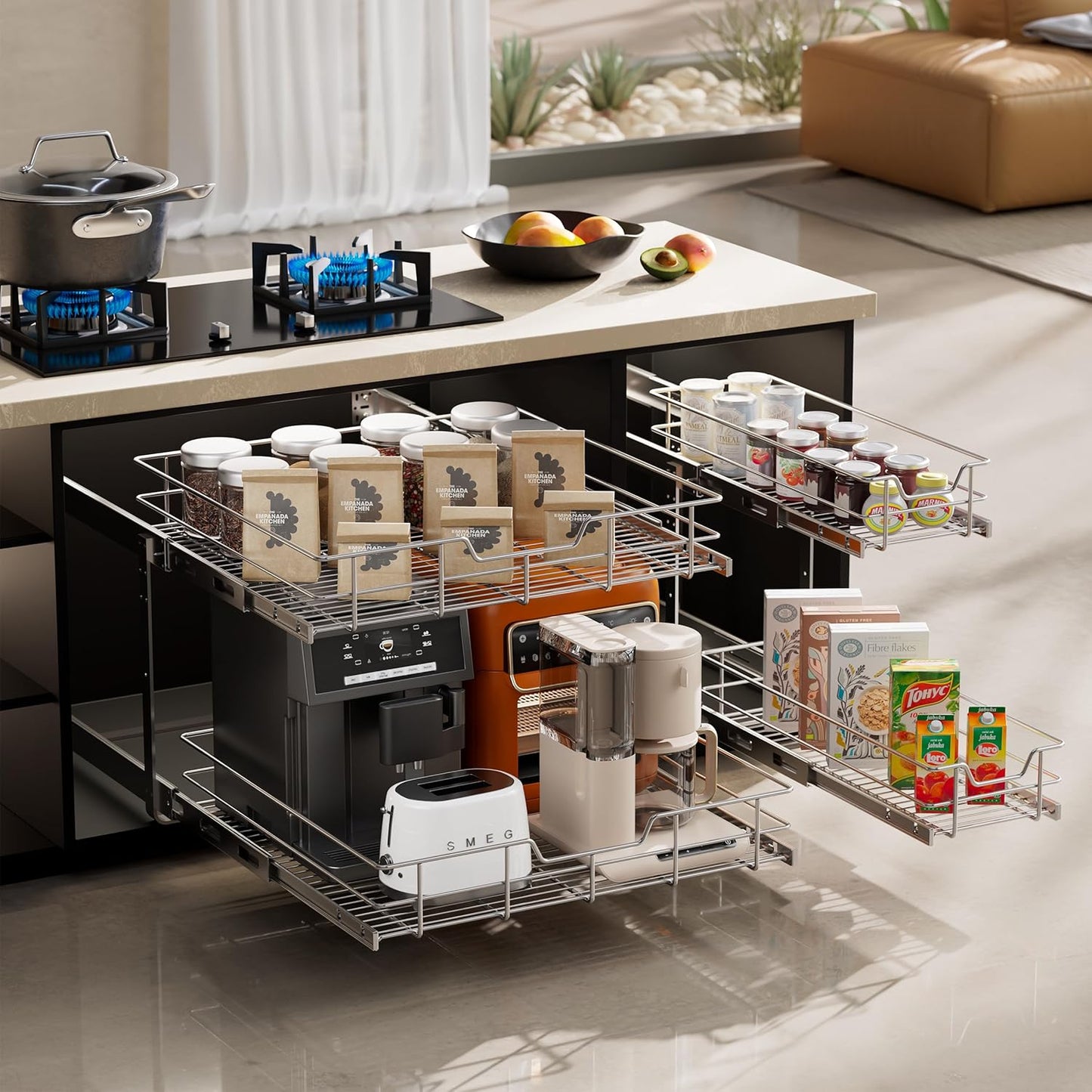 2 Tier Pull Out Cabinet Organizer 11" W X 22" D, Slide Out Drawers For Kitchen Cabinets, Pull Out Drawers For Cabinets Capacity Heavy Duty Caddy, Cabinet Pullout Shelves Chrome-Plated, Bathroom Pantry