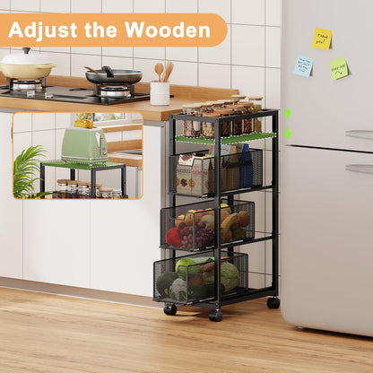 4 Tier Kitchen Rolling Cart, Kitchen Storage Cart with Wheels, Adjust Pantry Organizer and Storage Cart with Drawer, Fruit Vegetable Spice Storage Cart, Wooden Top Metal Kitchen Organizer Rack Stand