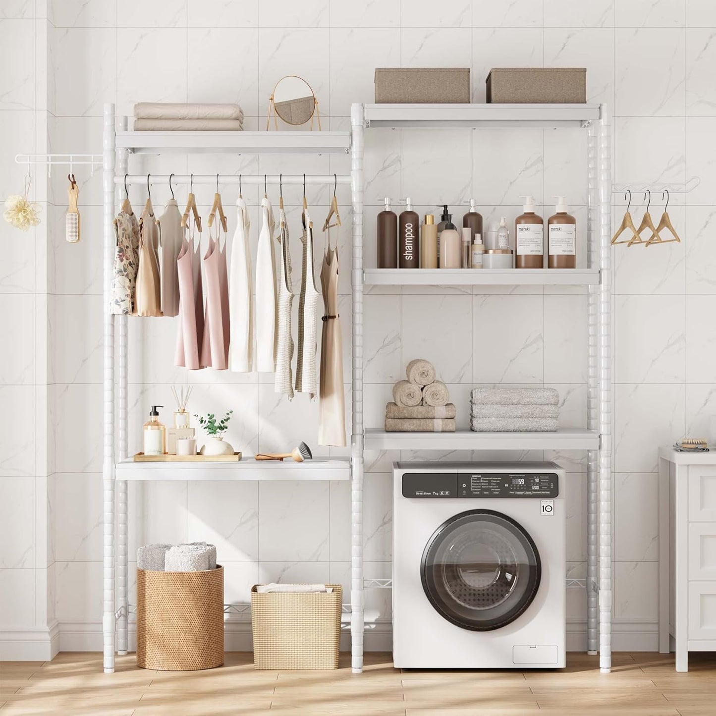 IDEALHOUSE 30" Washer Dryer Storage Shelf A+B - Adjustable Height Laundry Organizer with Double-Layer Wood Shelves, 5-Tier Wood Over Space-Saving Design for Bathroom, Laundry Room, or Balcony, Whit