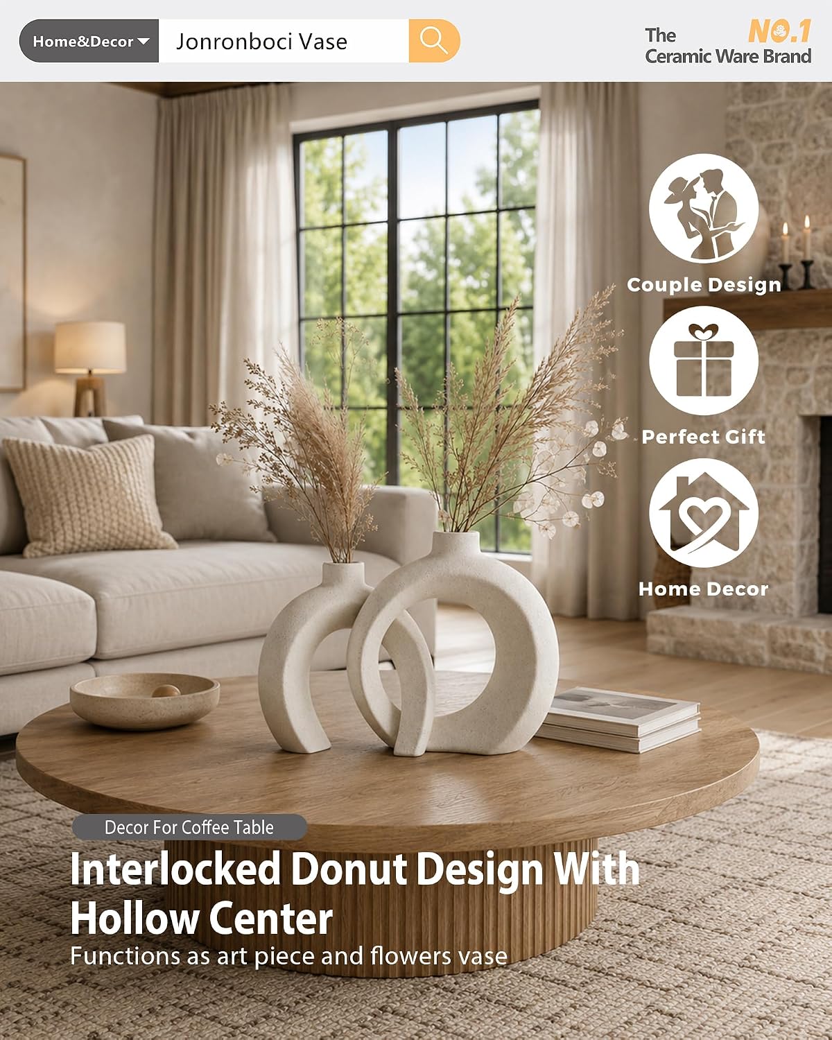 7.2″Hx8.9″H Donut Shape Decorative Vase Set of 2, Ceramic, Modern Minimalism Styles, Flowers or Plant Table Vases for Home Decor Living Room Shelf Entry Console Mantle Dining Centerpiece (Matte White)