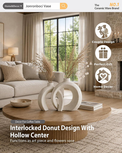 7.2″Hx8.9″H Donut Shape Decorative Vase Set of 2, Ceramic, Modern Minimalism Styles, Flowers or Plant Table Vases for Home Decor Living Room Shelf Entry Console Mantle Dining Centerpiece (Matte White)