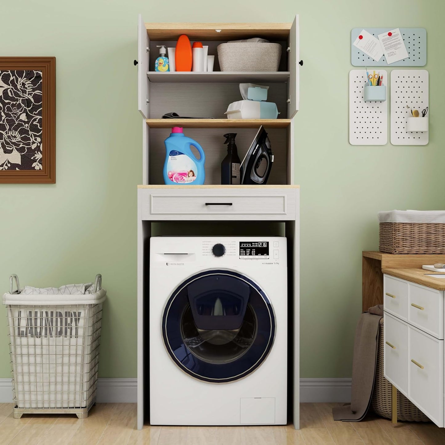 Laundry Room Storage Cabinet with Doors, Washer Dryer Countertop with Shelf & Laundry Basket, Over The Washer and Dryer Storage Shelf Cabinet for Bathroom, Easy Assembly (Large)