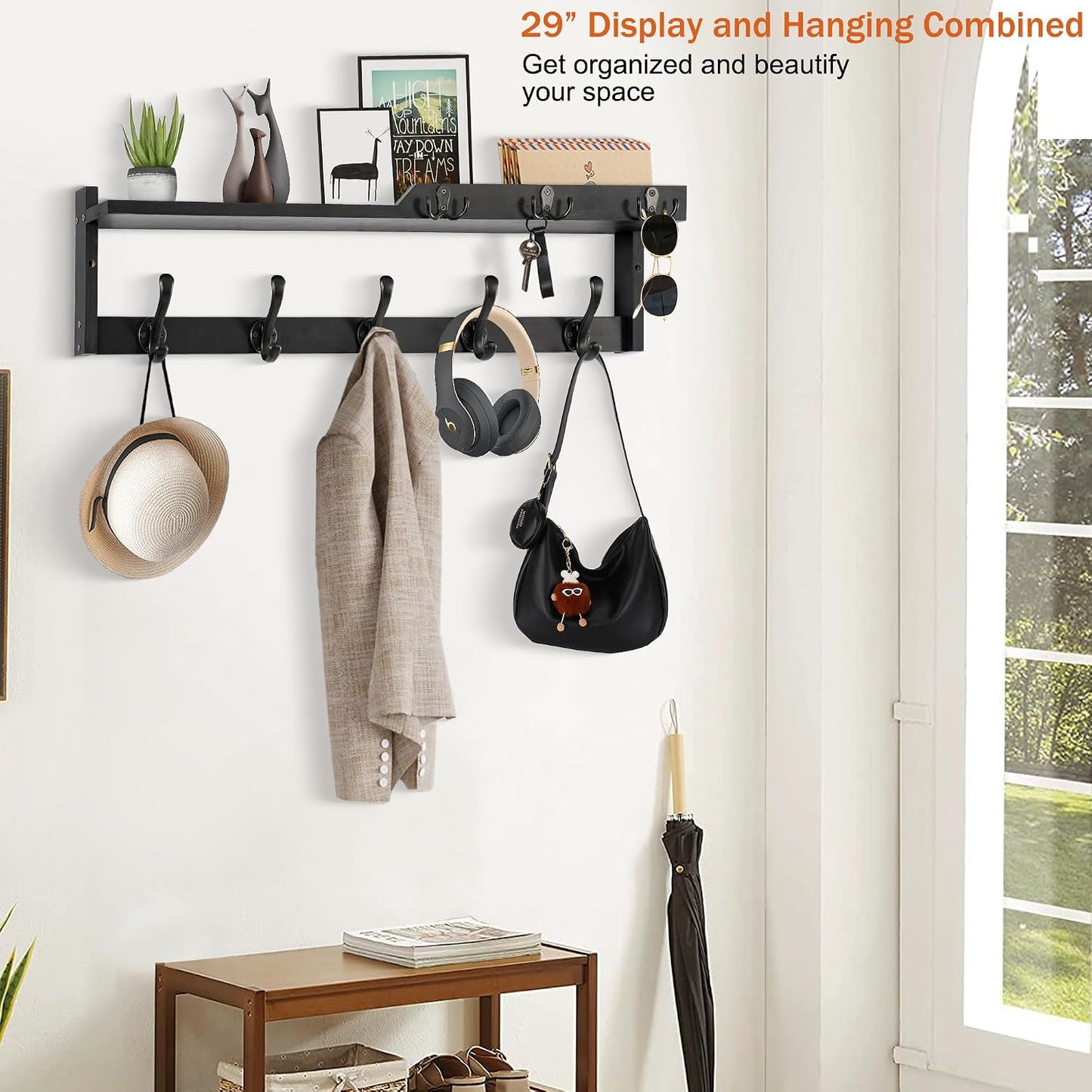 dreampossible Coat Rack Wall Mount with Shelf, Coat Hanger Wall Mount with Key Hooks and Mail Holder, Wood Entryway Floating Shelf with Hooks and Storage, Hat Rack for Wall Key Holder Mail Organizer