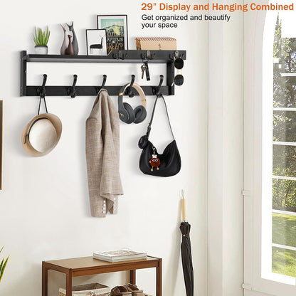 dreampossible Coat Rack Wall Mount with Shelf, Coat Hanger Wall Mount with Key Hooks and Mail Holder, Wood Entryway Floating Shelf with Hooks and Storage, Hat Rack for Wall Key Holder Mail Organizer