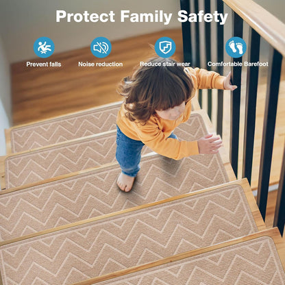 Stair Treads for Wooden Steps, 15 Pack 8"x30" Non-Slip Indoor Carpet Stair Treads with Reusable Polyester TPE Backing for Kids Elders and Pets (Dark Gray)