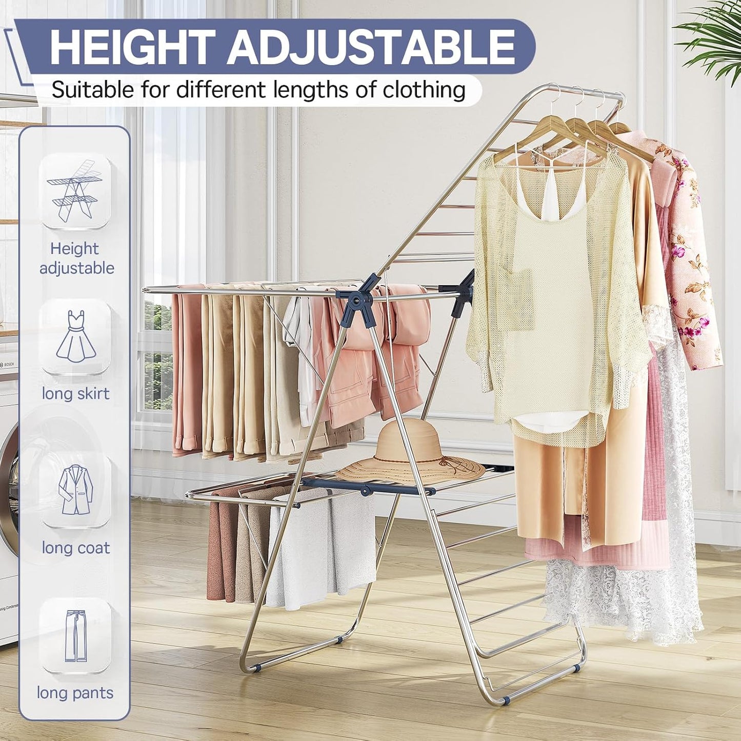 APEXCHASER Large Stainless Steel Clothes Drying Rack, Drying Rack Clothing with Height-Adjustable, Foldable Gullwings Laundry Rack, Indoor Outdoor Use, No Assembly,Black