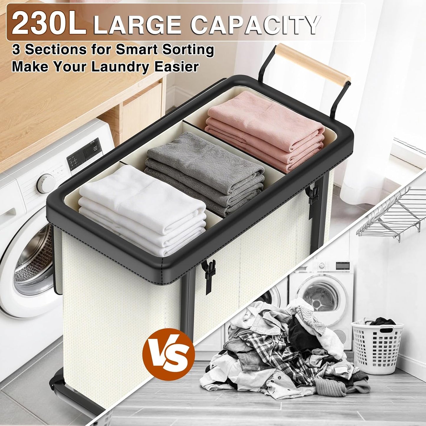 Rolling Laundry Hamper with Wheels, Laundry Hamper 3 Section with Lid, Laundry Basket with Rolling Lockable Wheels and Handle, Laundry Basket Organizer for Laundry Room, Bedroom 230L Black