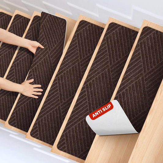 MBIGM 8" X 30" (15 in Pack) Non-Slip Carpet Stair Treads Non-Skid Safety Rug Slip Resistant Indoor Runner for Kids Elders & Pets with Reusable Adhesive - Dark Gray Diamond Weave