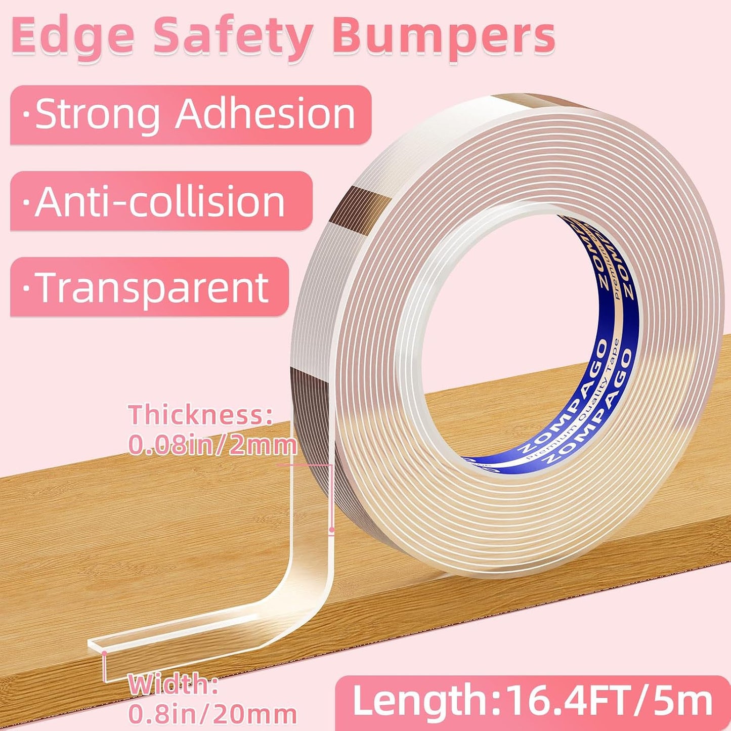 ZOMPAGO Baby Proofing Edge Protector Strip 2In x 13.4FT Clear Furniture Corner Guards for Toddlers Transparent Soft Sharp Edge Safety Bumpers Table Desk Fireplace Child Proof Protector Tape