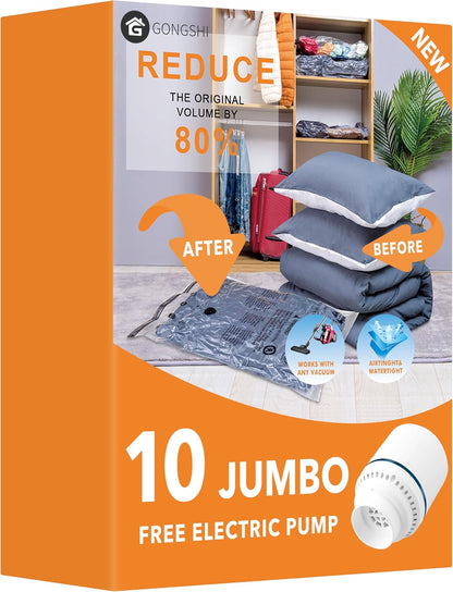 GONGSHI Vacuum Seal Bags for Clothing Travel & Home Storage, Travel Vacuum Bags with Pump,Space Saver for Blankets, Comforters, Pillows, Clothes,24 Combo with Electric Pump