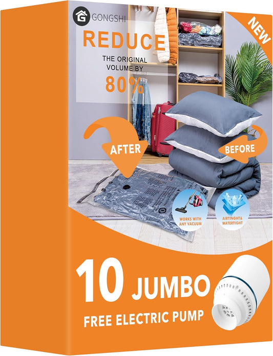 GONGSHI Vacuum Seal Bags for Clothing Travel & Home Storage, Travel Vacuum Bags with Pump,Space Saver for Blankets, Comforters, Pillows, Clothes,24 Combo with Electric Pump