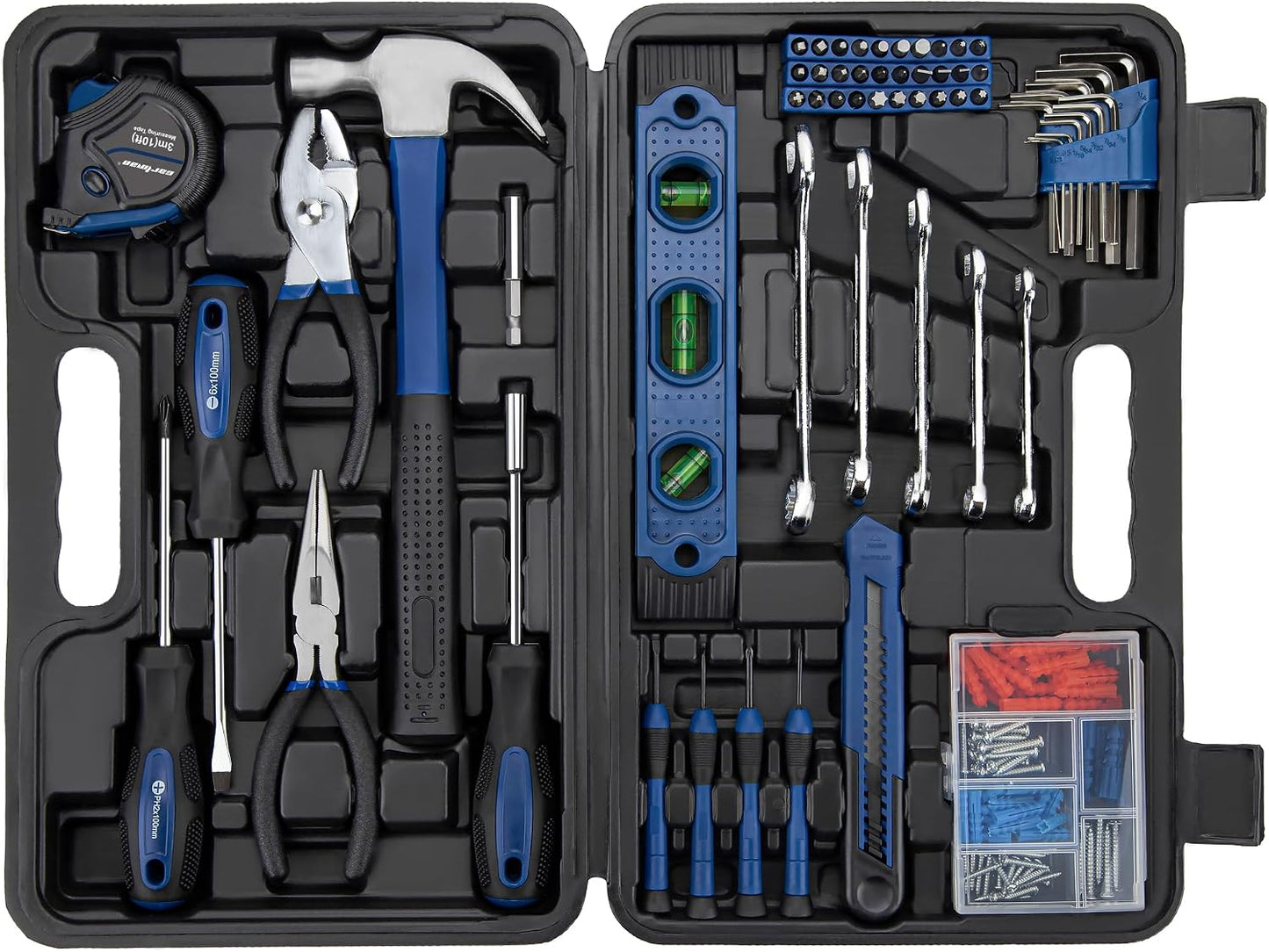 CARTMAN 152-Piece Household Tool Set, Blue Hand Kit With Storage Case Box | Complete tool assortment for home repairs, office fixes, dorm needs, furniture setup, crafting, and everyday household fixes.