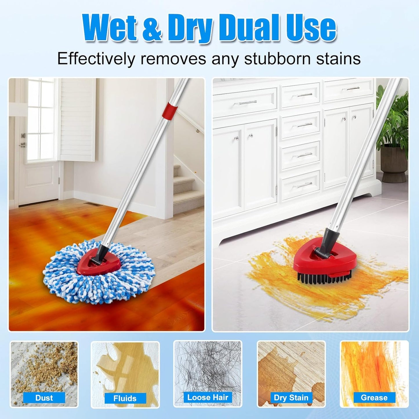 Mop Heads Replacements,Mop Handle,Scrub Brush,Base for Ocedar Rinseclean 2 Tank,Include 2 Microfiber Mops Replace Head,30-58" Adjustable Mop Stick,1 Scrubber Head,1 Spin Base,Bucket not Included