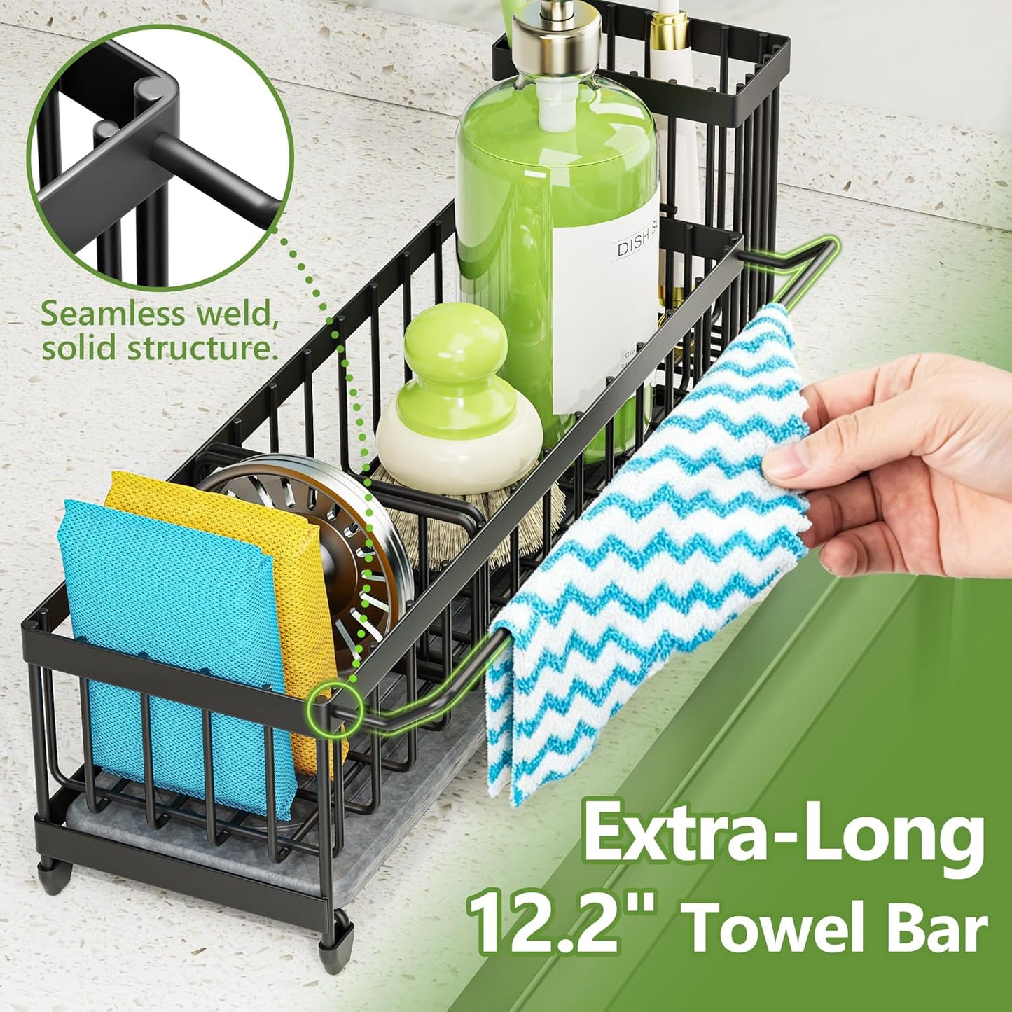 Cisily Extra Large Sink Caddy Organizer with Drying Stone, Black Sponge Holder for Kitchen, Dish Brush Holder for Countertop, Kitchen Decor Storage and Essentials