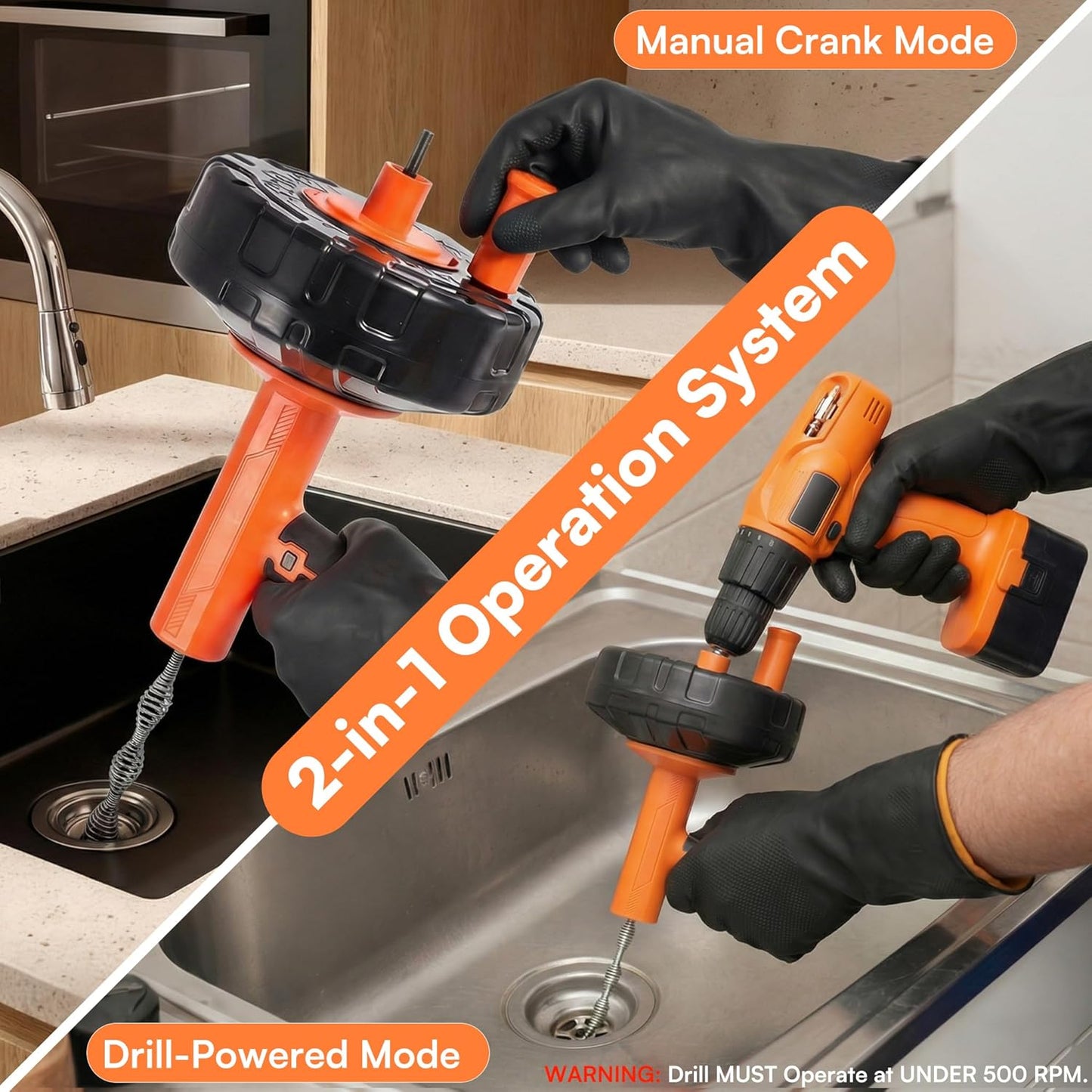 Drain Snake Hair Drain Clog Remover with Drill Adapter, 33ft Flexible Steel Spring Head Drain Augers, Manual or Powered, Sink Drain Snake Clog Remover for Bathroom Kitchen Tub Shower Drain Snake