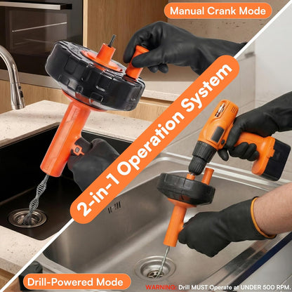 Drain Snake Hair Drain Clog Remover with Drill Adapter, 33ft Flexible Steel Spring Head Drain Augers, Manual or Powered, Sink Drain Snake Clog Remover for Bathroom Kitchen Tub Shower Drain Snake