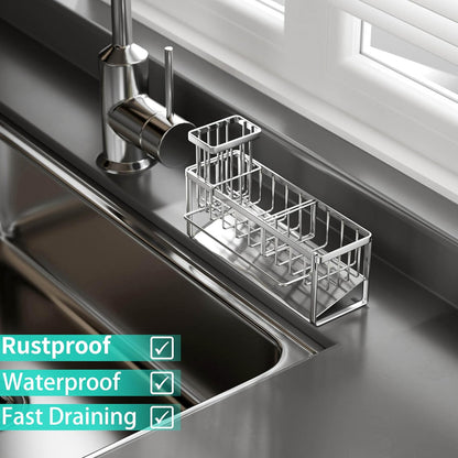 HapiRm Sponge Holder for Kitchen Sink - Self-draining Sink Caddy with Brush and Dishcloth Holders, Stainless Steel Kitchen Countertop Organizers and Storage Essentials - Black