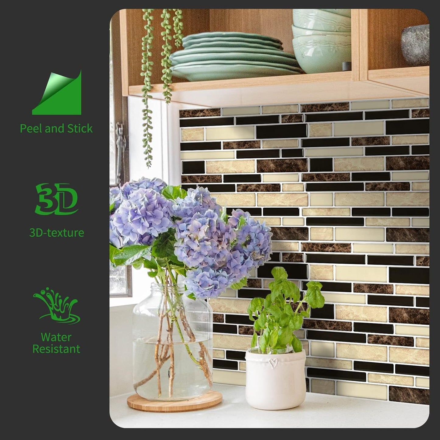 LONGKING Self-Adhesive Kitchen Backsplash, Marble Look Decorative Tiles (10 Tiles)