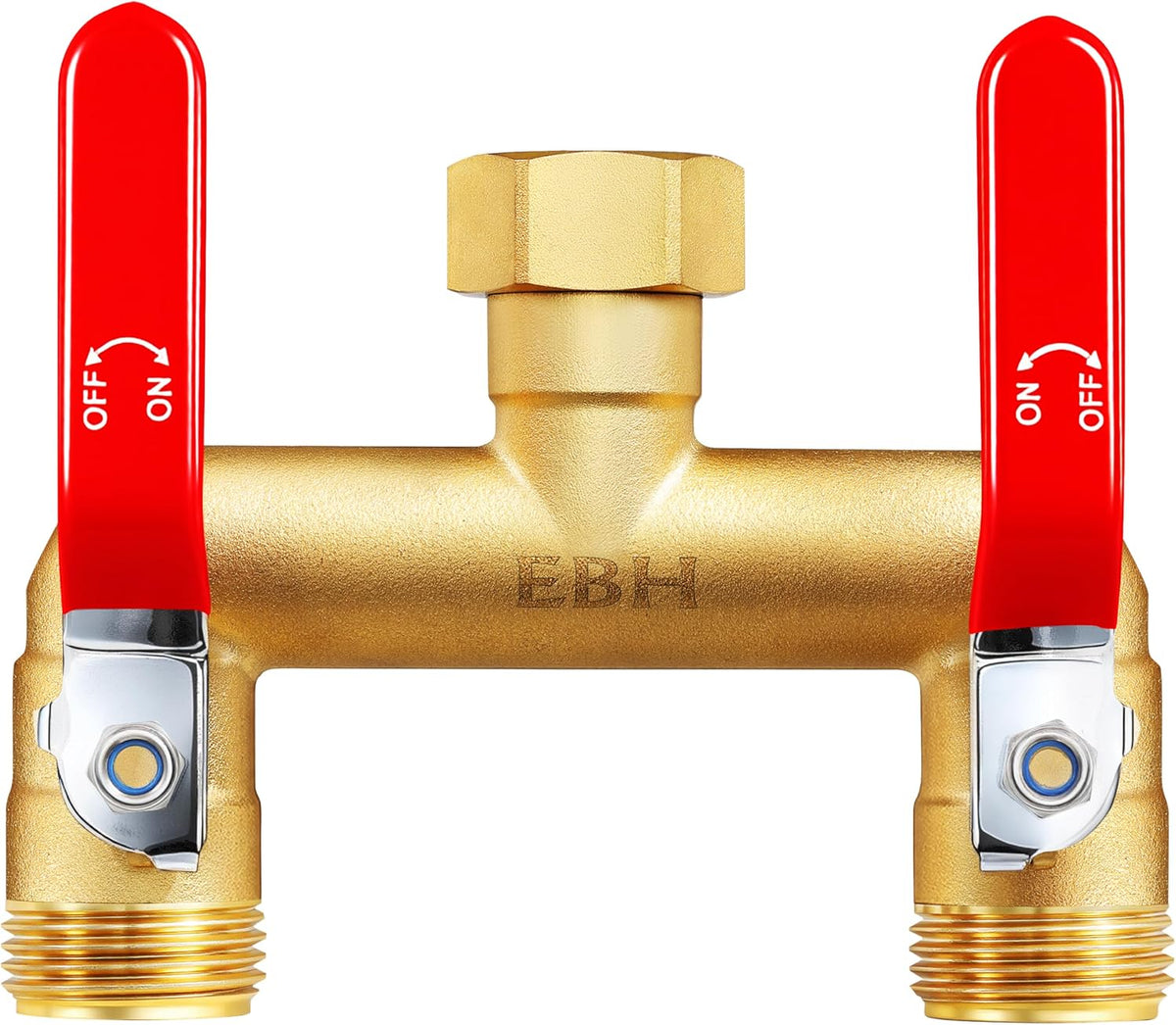 EBH Garden Hose Splitter, 2-Way High Flow Heavy Duty Brass Outdoor Hose Manifold with Extra Long Handles Full Flow Faucet Adapter- 3/4” GHT(Green)
