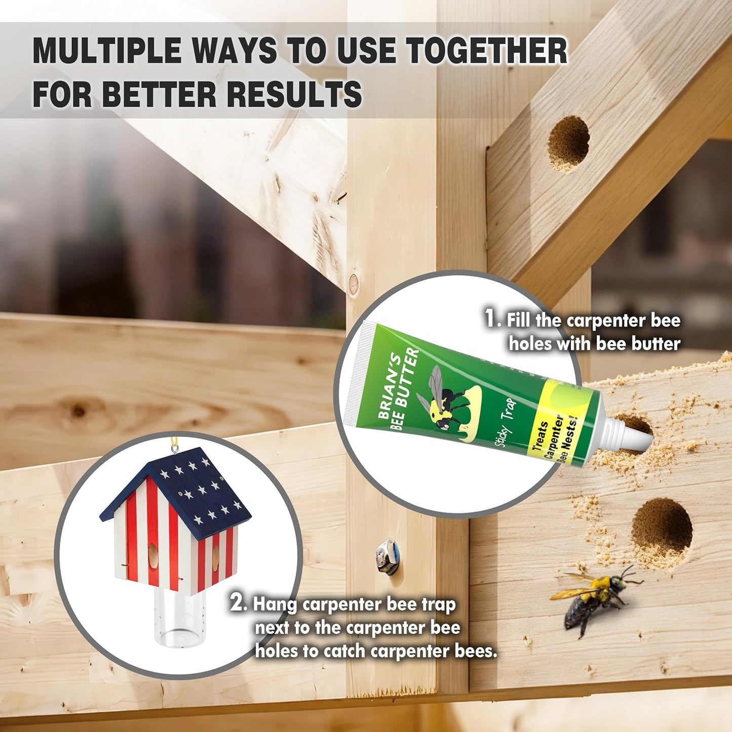 Carpenter Bee Trap for Outside - Best Bee Trap - Flag Cabin Style Nature Hanging Wood Carpenter Bee Traps Outdoor - Insect Traps with Removable Vault