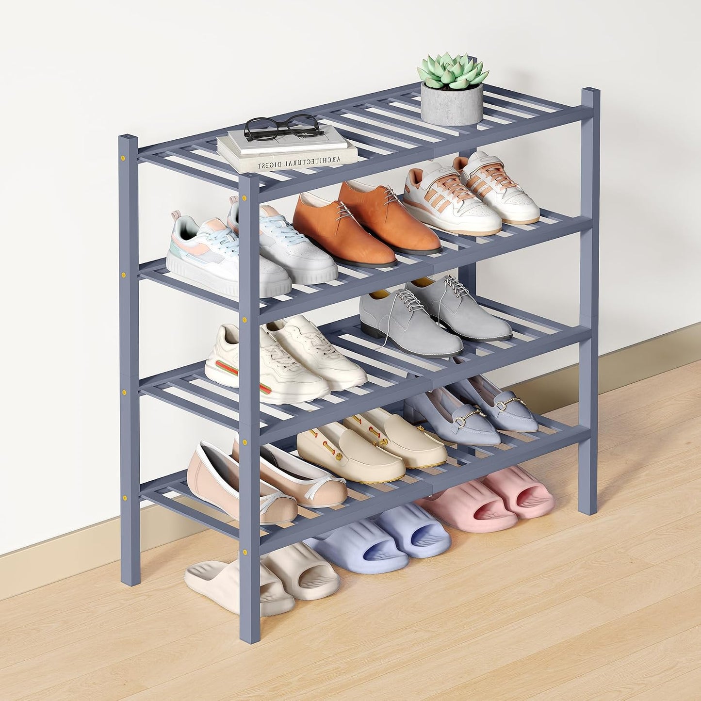 Smiry Bamboo Shoe Rack for Closet, 3 Tier Wooden Shoe Organizer, Stackable Wood Shoe Storage Shelf for Entryway, 14 Vertical Slats, One-piece Heavy-Duty Legs, 26.77"x11.02"x18.31", Natural