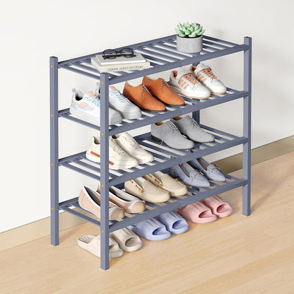 Smiry Bamboo Shoe Rack for Closet, 3 Tier Wooden Shoe Organizer, Stackable Wood Shoe Storage Shelf for Entryway, 14 Vertical Slats, One-piece Heavy-Duty Legs, 26.77"x11.02"x18.31", Natural