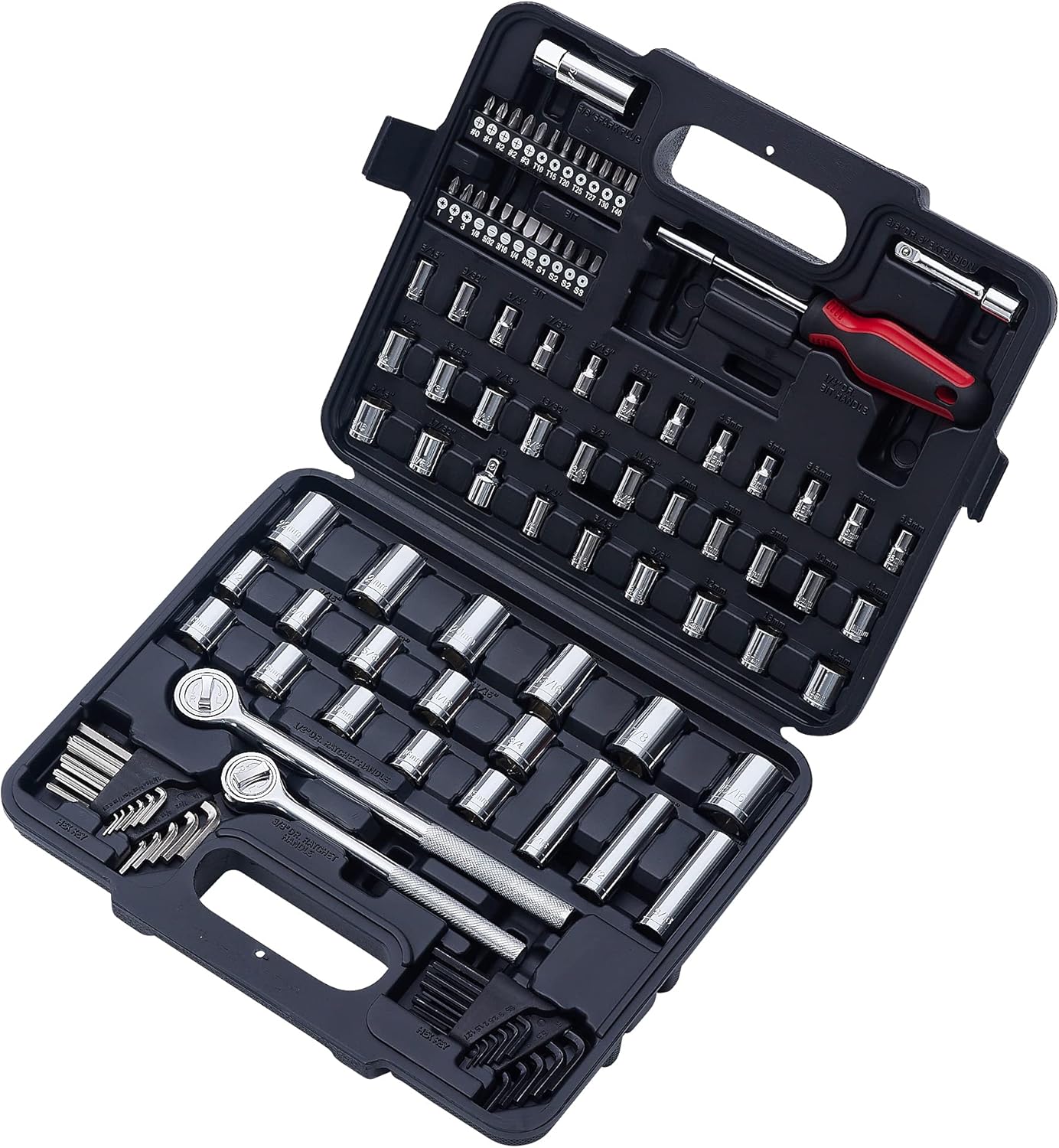MECHMAX 121-Piece Mechanics Tool Set, 1/4 & 3/8-Inch Drive | Metric and standard SAE socket wrench kit. General automotive repair hand tool set for car mechanics and garage DIY