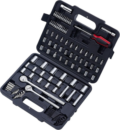 MECHMAX 121-Piece Mechanics Tool Set, 1/4 & 3/8-Inch Drive | Metric and standard SAE socket wrench kit. General automotive repair hand tool set for car mechanics and garage DIY