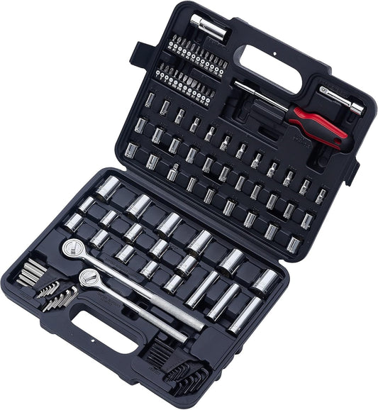 MECHMAX 121-Piece Mechanics Tool Set, 1/4 & 3/8-Inch Drive | Metric and standard SAE socket wrench kit. General automotive repair hand tool set for car mechanics and garage DIY